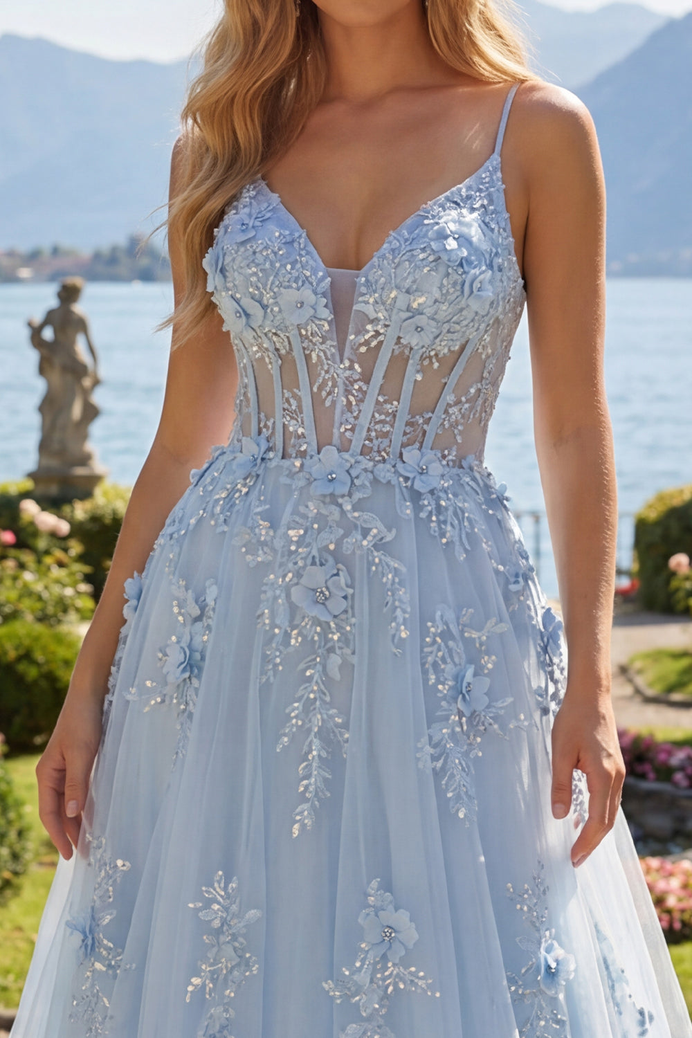 Floral Beaded Spaghetti Straps Sparkly Blue Corset A Line Long Prom Dress
