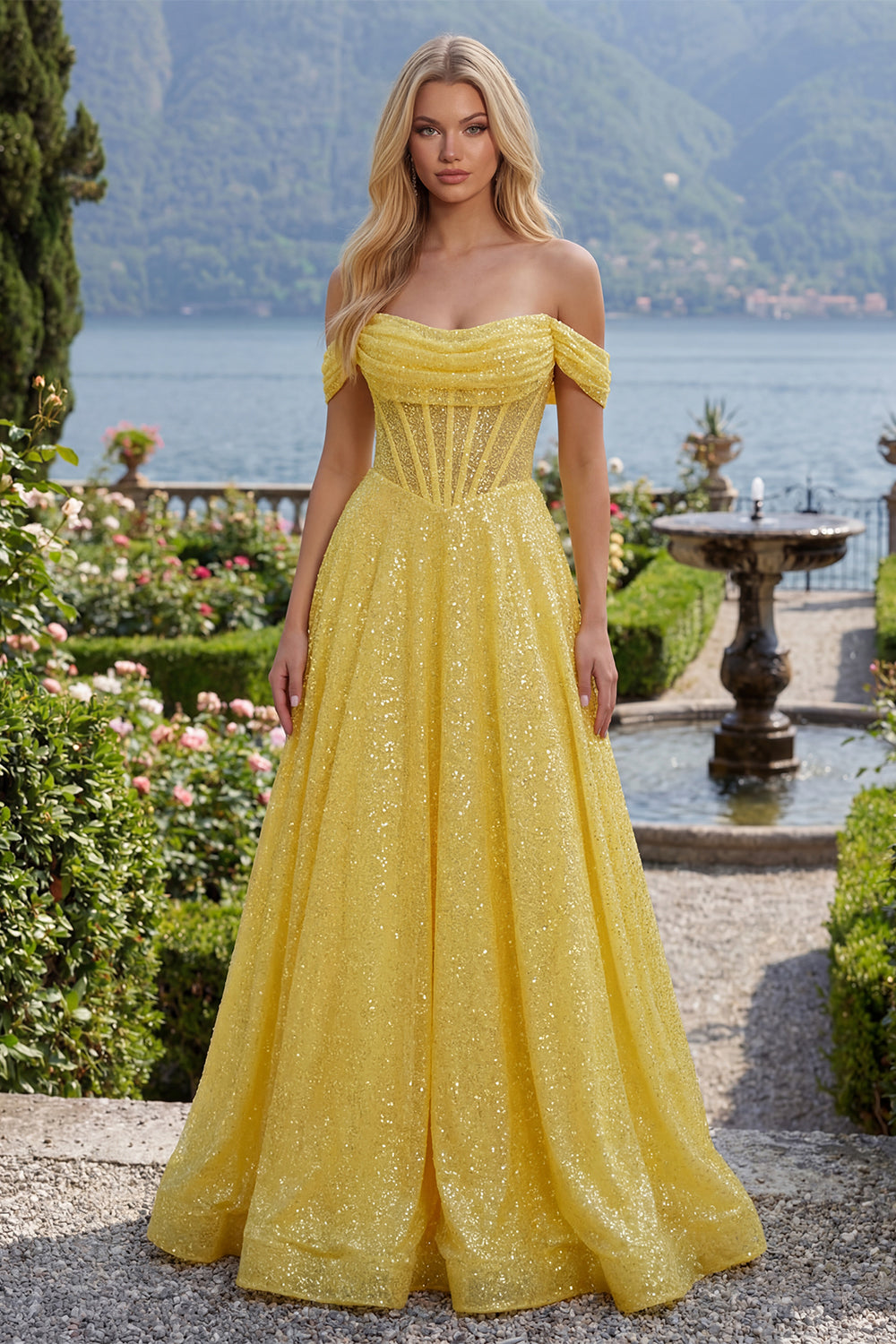 Yellow Off the Shoulder Glitter Corset A Line Long Prom Dress