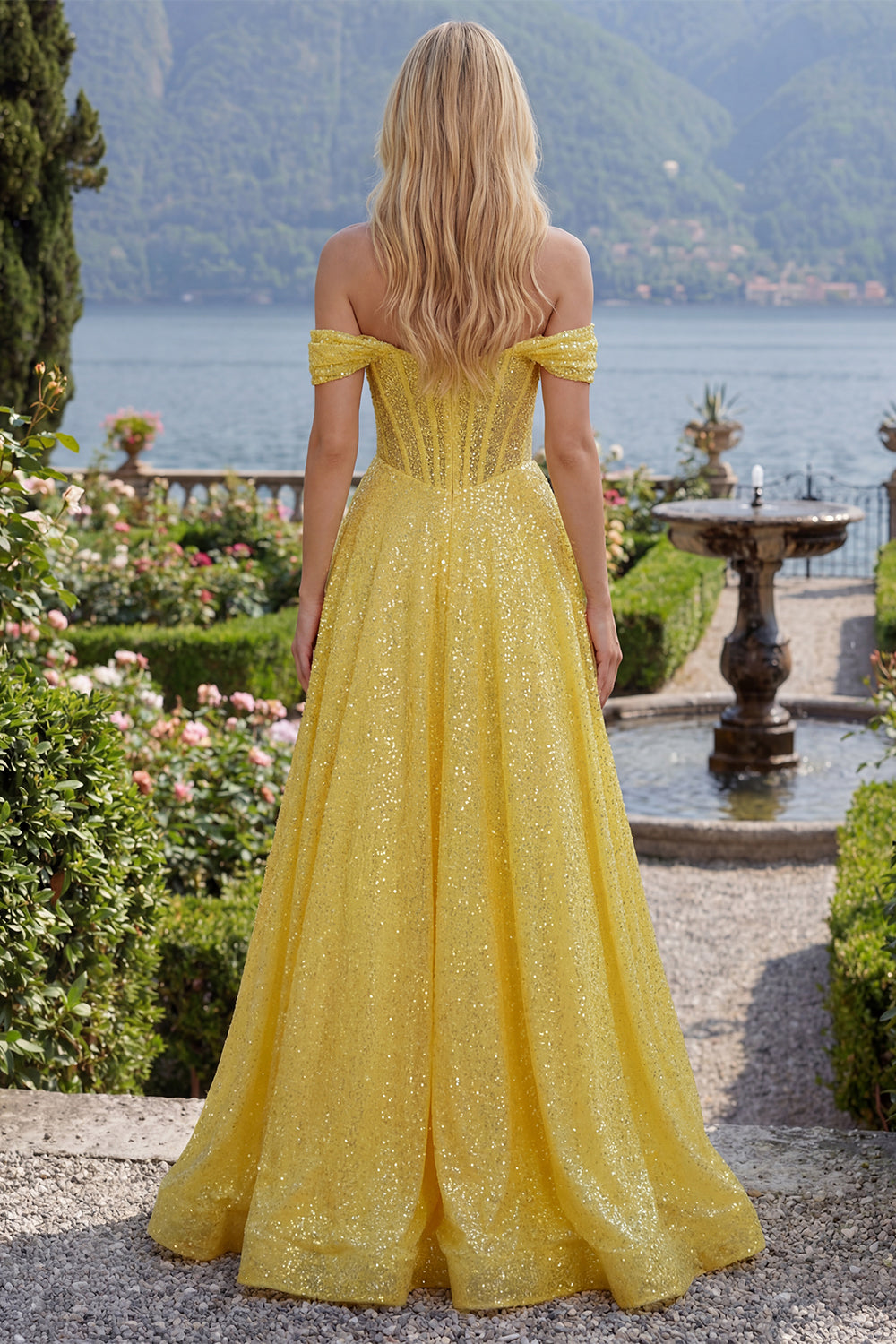 Yellow Off the Shoulder Glitter Corset A Line Long Prom Dress