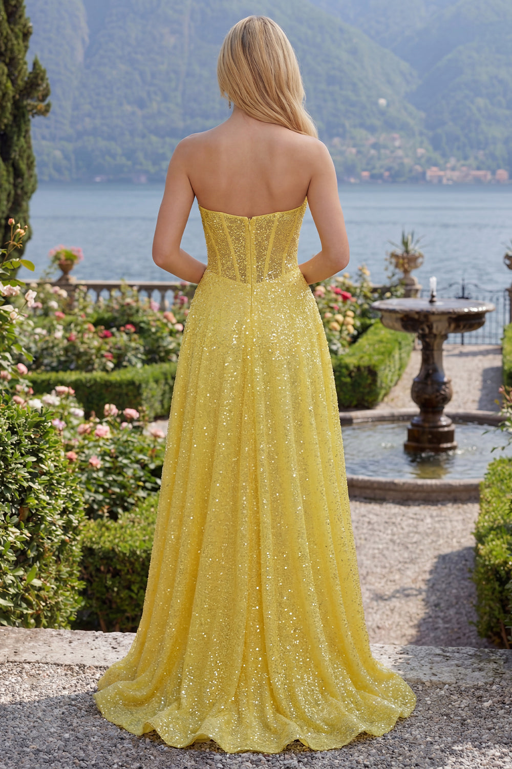 Corset A Line Yellow Glitter Long Prom Dress with Slit