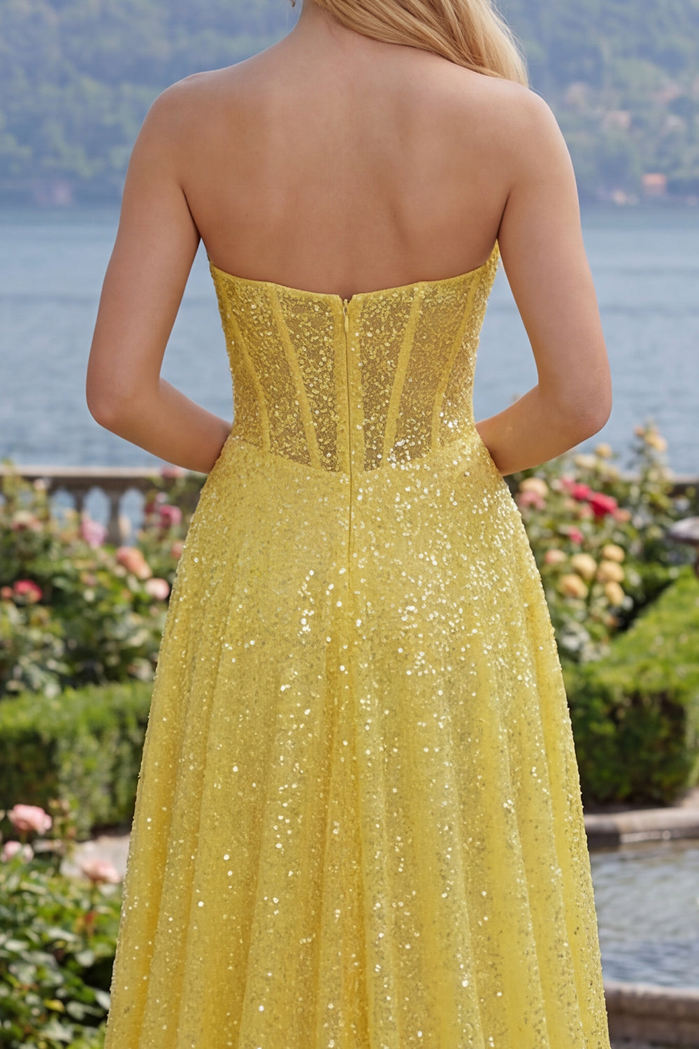 Corset A Line Yellow Glitter Long Prom Dress with Slit