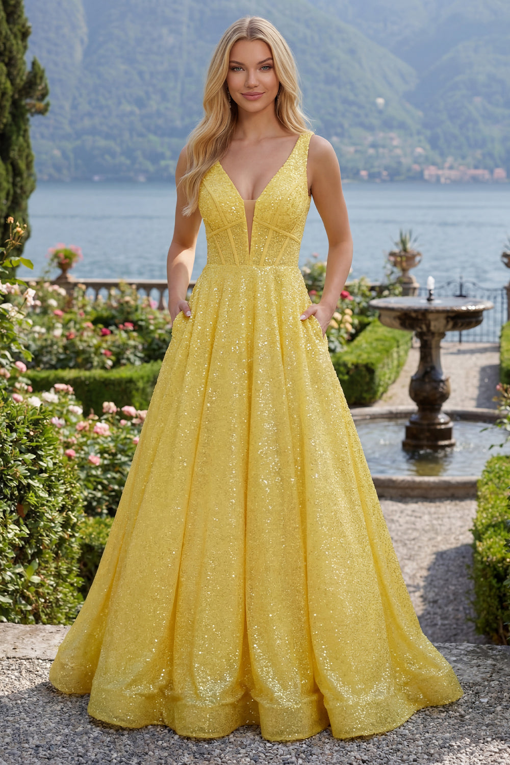 V-Neck Long Yellow Glitter Corset A Line Prom Dress with Pockets