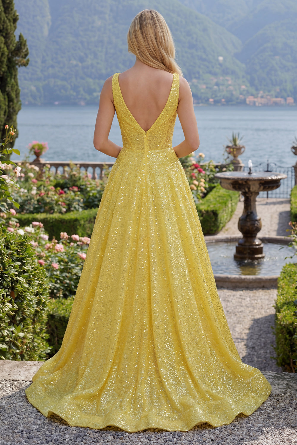 V-Neck Long Yellow Glitter Corset A Line Prom Dress with Pockets