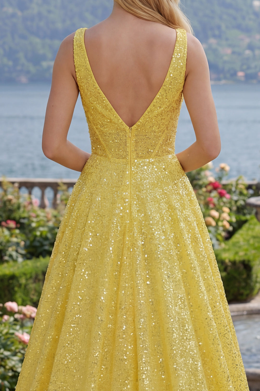 V-Neck Long Yellow Glitter Corset A Line Prom Dress with Pockets