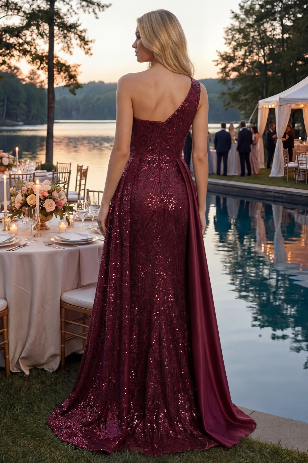 A Line Long Sparkly Burgundy One Shoulder Sequin Prom Dress with Cape