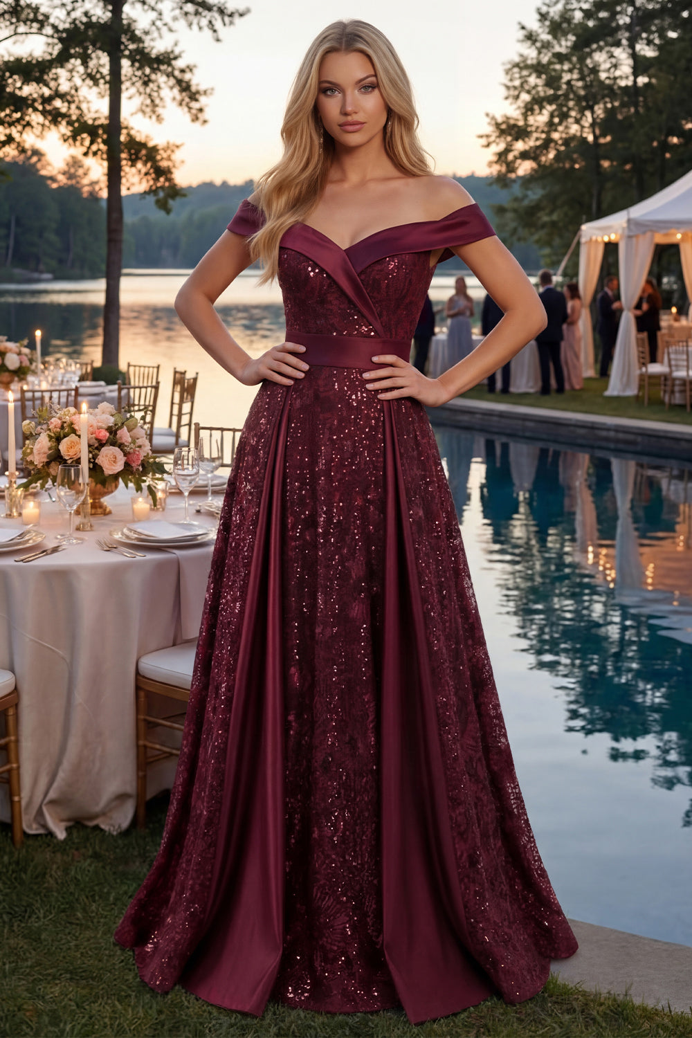Sparkly Burgundy A Line Off the Shoulder Long Sequin Prom Dress with Cape