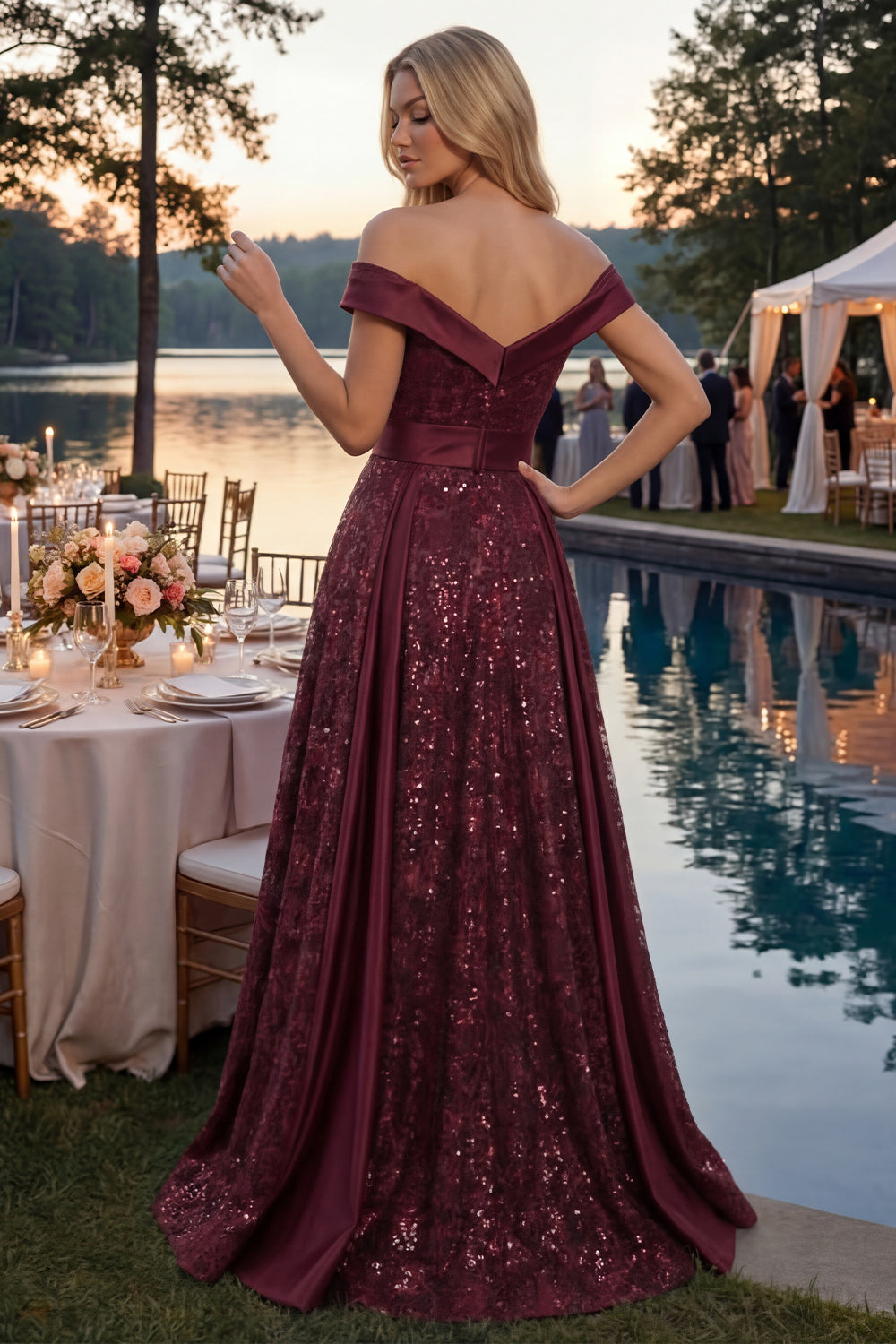 Sparkly Burgundy A Line Off the Shoulder Long Sequin Prom Dress with Cape