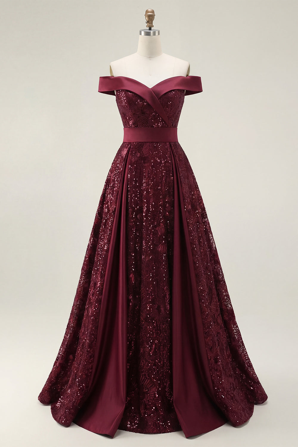 Sparkly Burgundy A Line Off the Shoulder Long Sequin Prom Dress with Cape