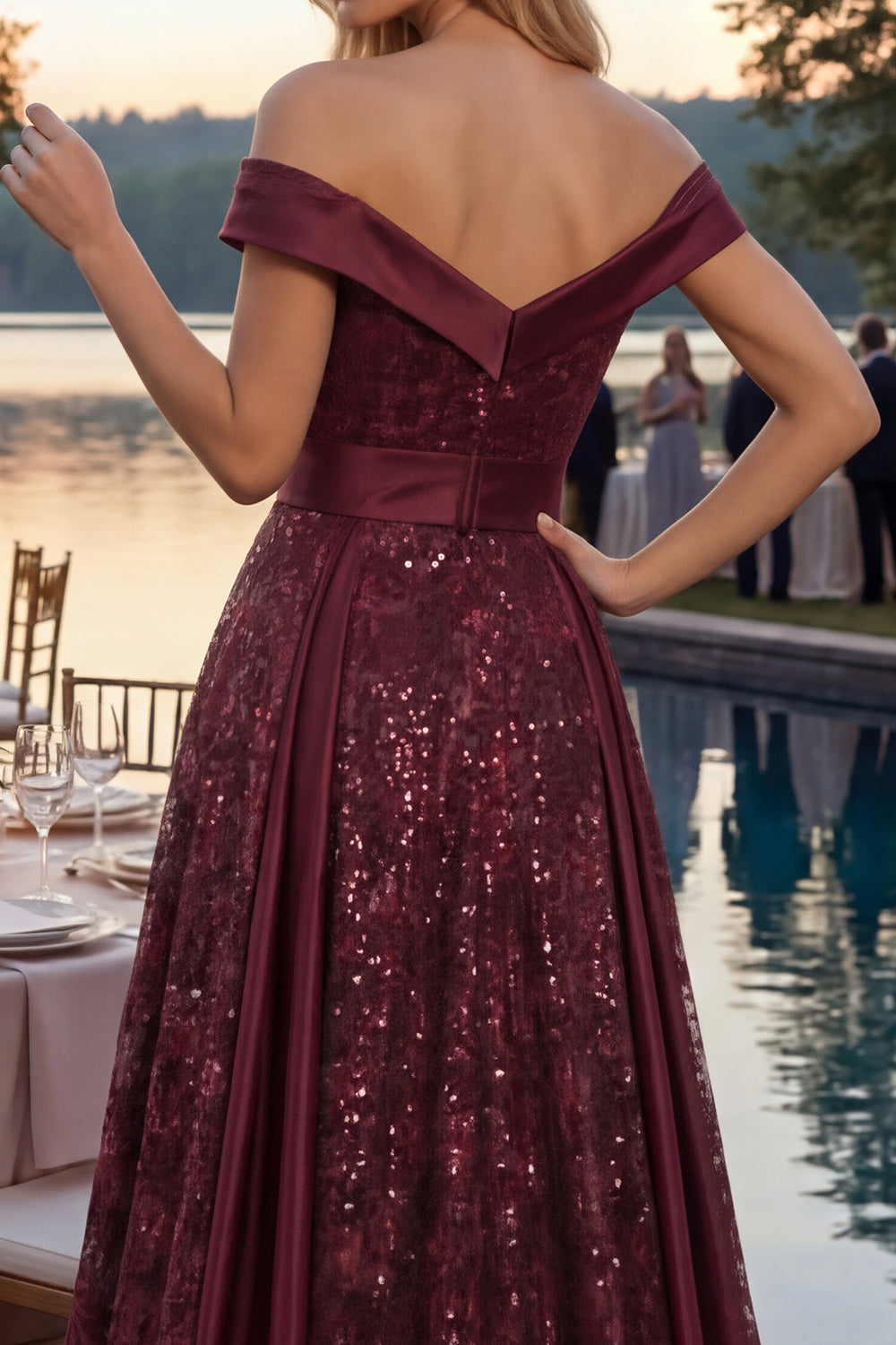 Sparkly Burgundy A Line Off the Shoulder Long Sequin Prom Dress with Cape