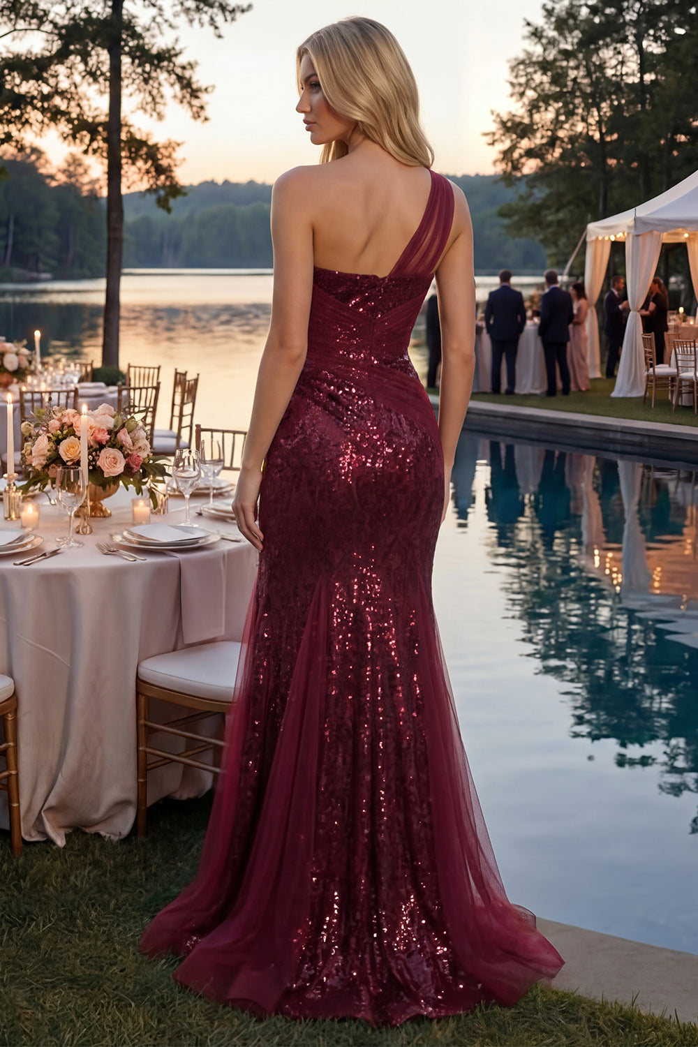 Sequin Mermaid Sparkly Burgundy One Shoulder Corset Long Prom Dress with Slit
