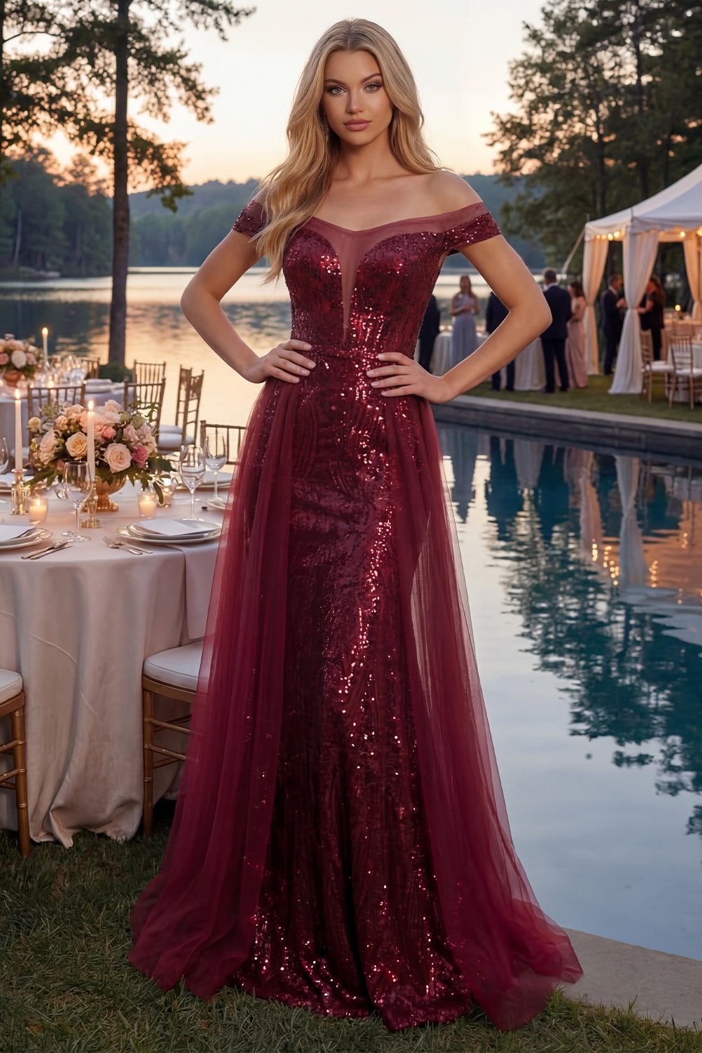 Off the Shoulder Sparkly Long Sequin Mermaid Burgundy Prom Dress with Cape
