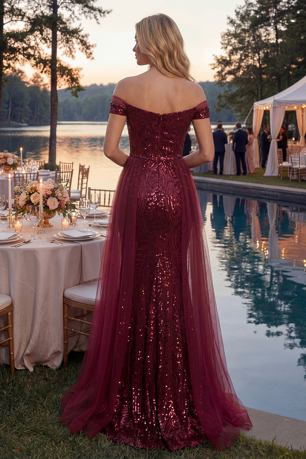 Off the Shoulder Sparkly Long Sequin Mermaid Burgundy Prom Dress with Cape