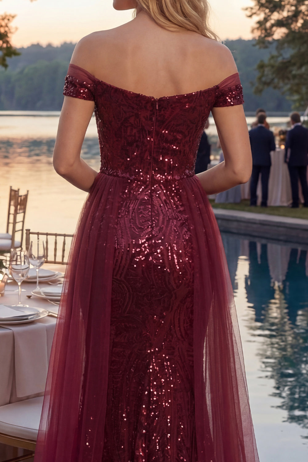 Off the Shoulder Sparkly Long Sequin Mermaid Burgundy Prom Dress with Cape