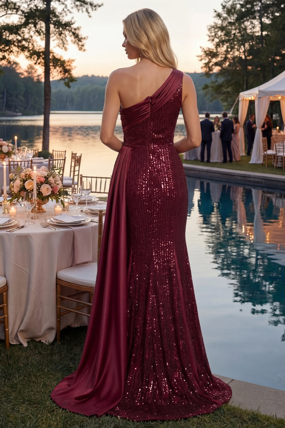 Burgundy One Shoulder Mermaid Sparkly Long Sequin Prom Dress with Side Cape