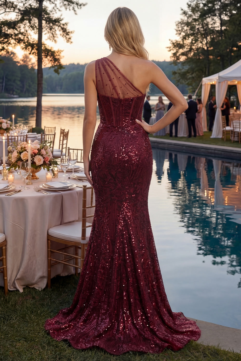Sparkly Burgundy One Shoulder Corset Long Sequin Mermaid Prom Dress with Slit