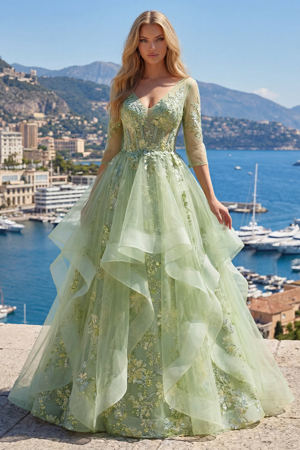 Floral 3/4 Sleeves Green Long Corset A Line Prom Dress with Ruffles