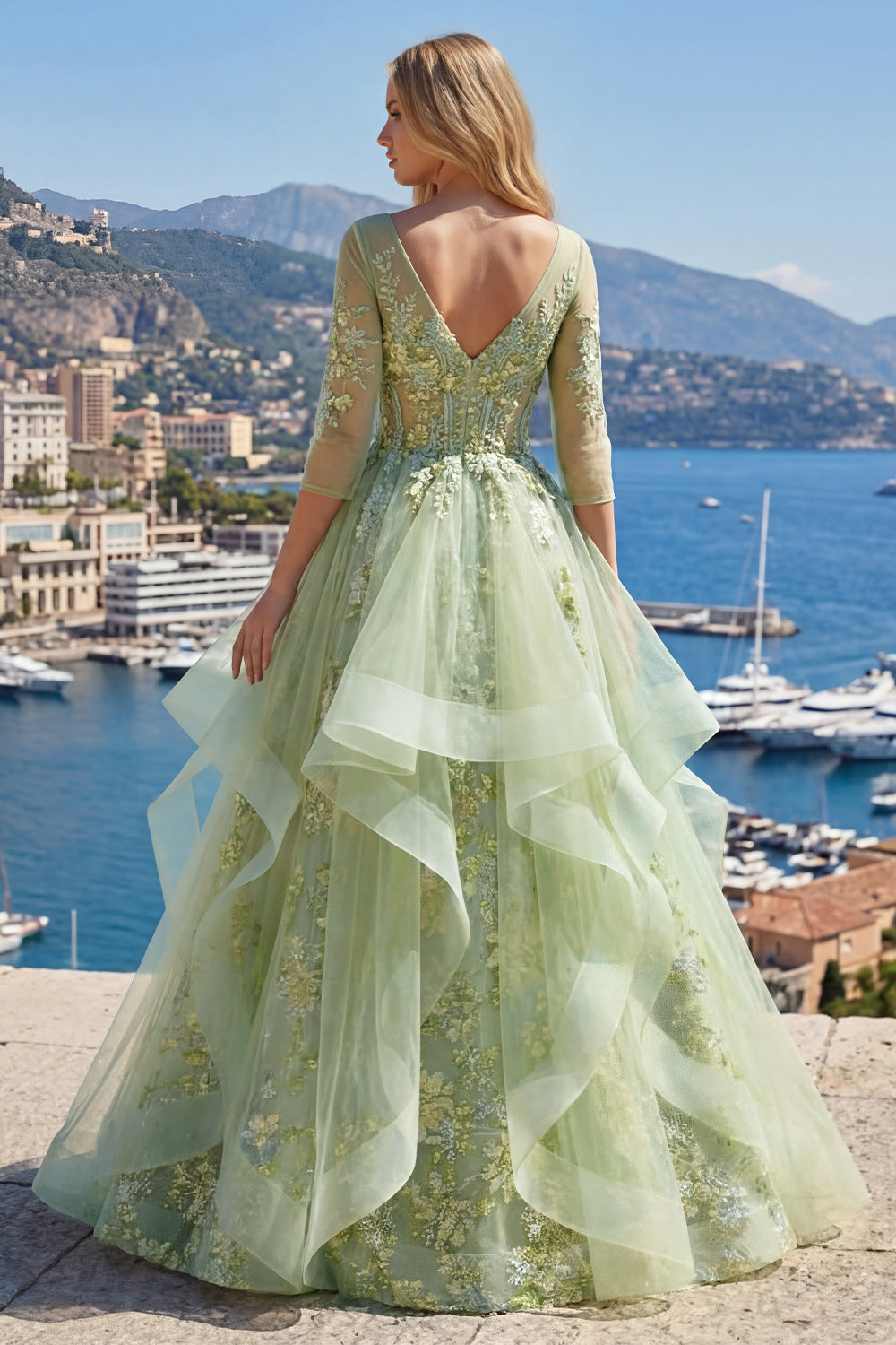 Floral 3/4 Sleeves Green Long Corset A Line Prom Dress with Ruffles