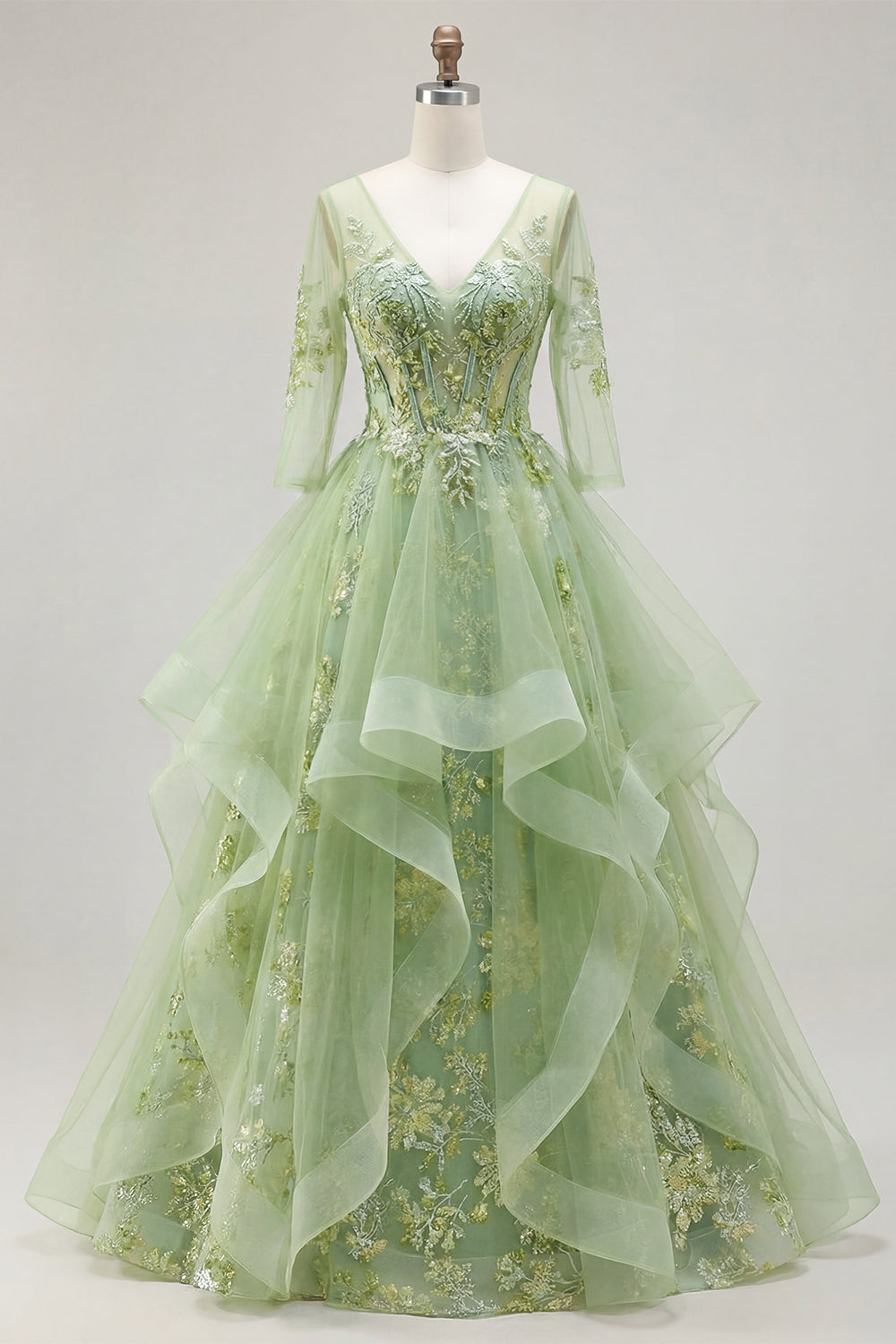 Floral 3/4 Sleeves Green Long Corset A Line Prom Dress with Ruffles