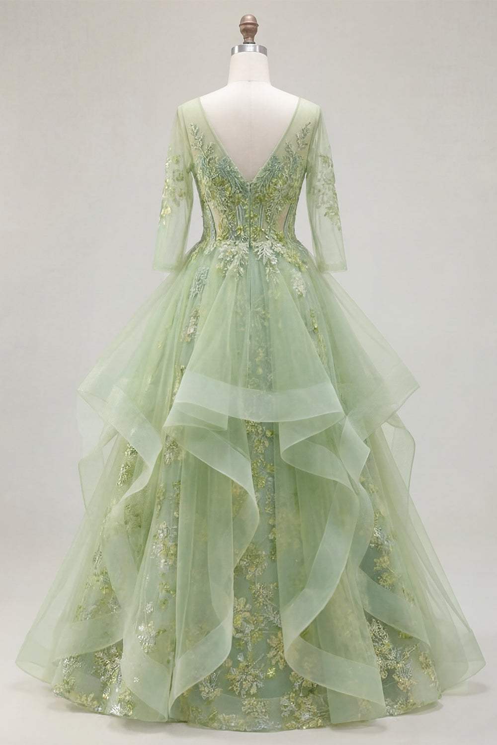 Floral 3/4 Sleeves Green Long Corset A Line Prom Dress with Ruffles