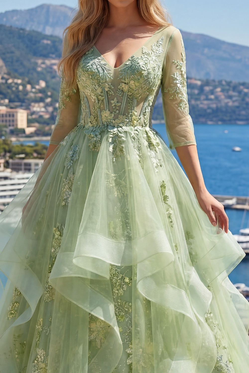 Floral 3/4 Sleeves Green Long Corset A Line Prom Dress with Ruffles
