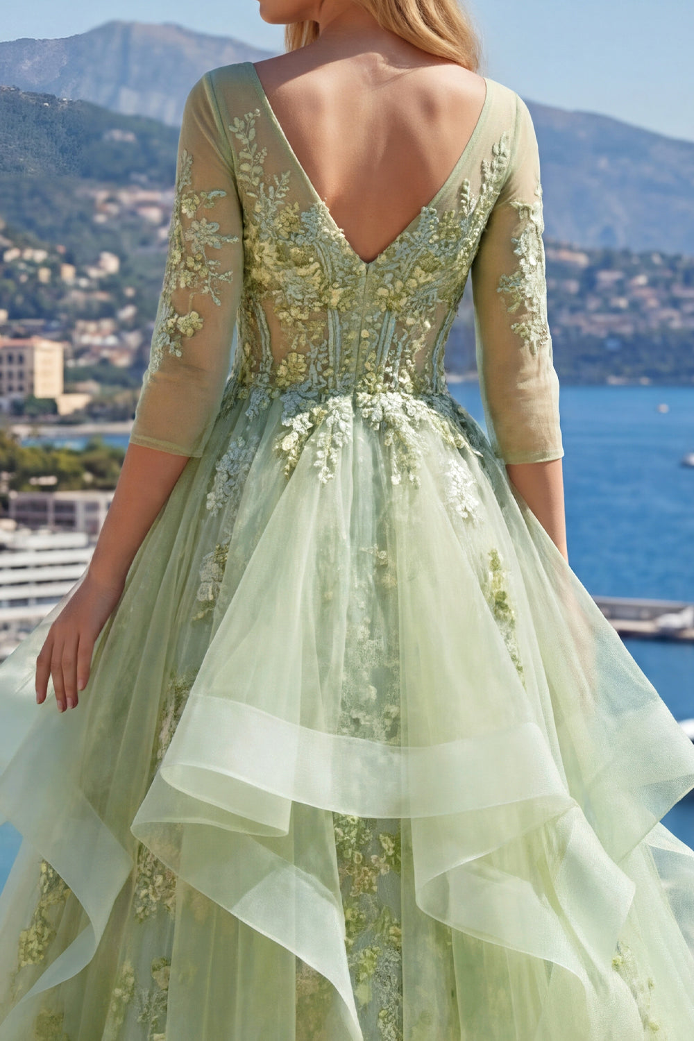 Floral 3/4 Sleeves Green Long Corset A Line Prom Dress with Ruffles