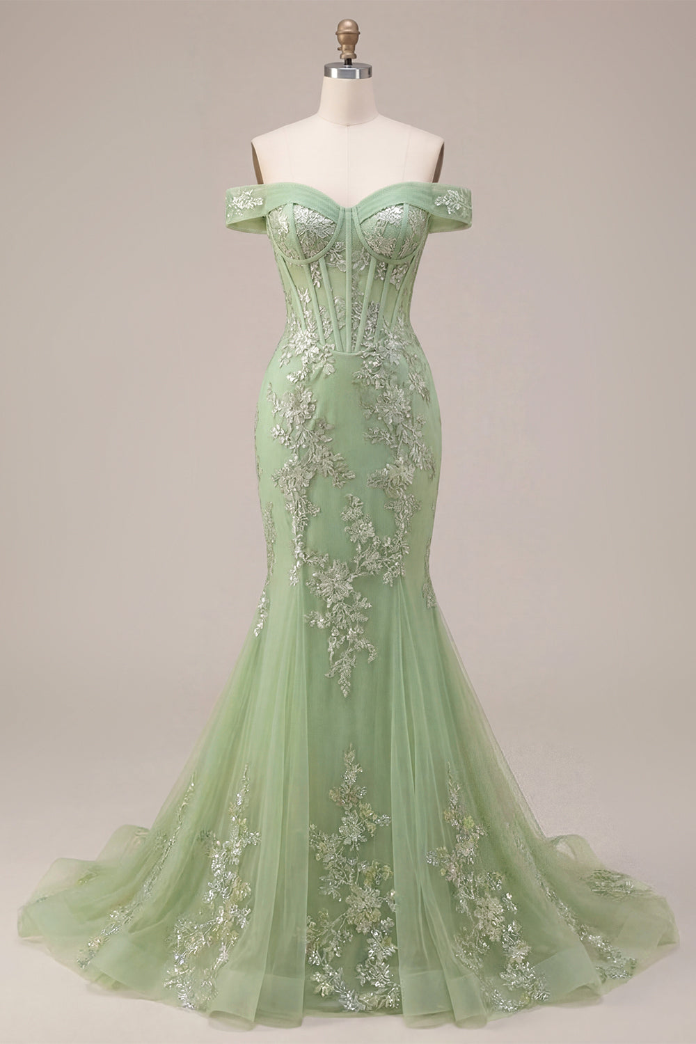  Corset Off the Shoulder Green Long Mermaid Floral Open Back Prom Dress