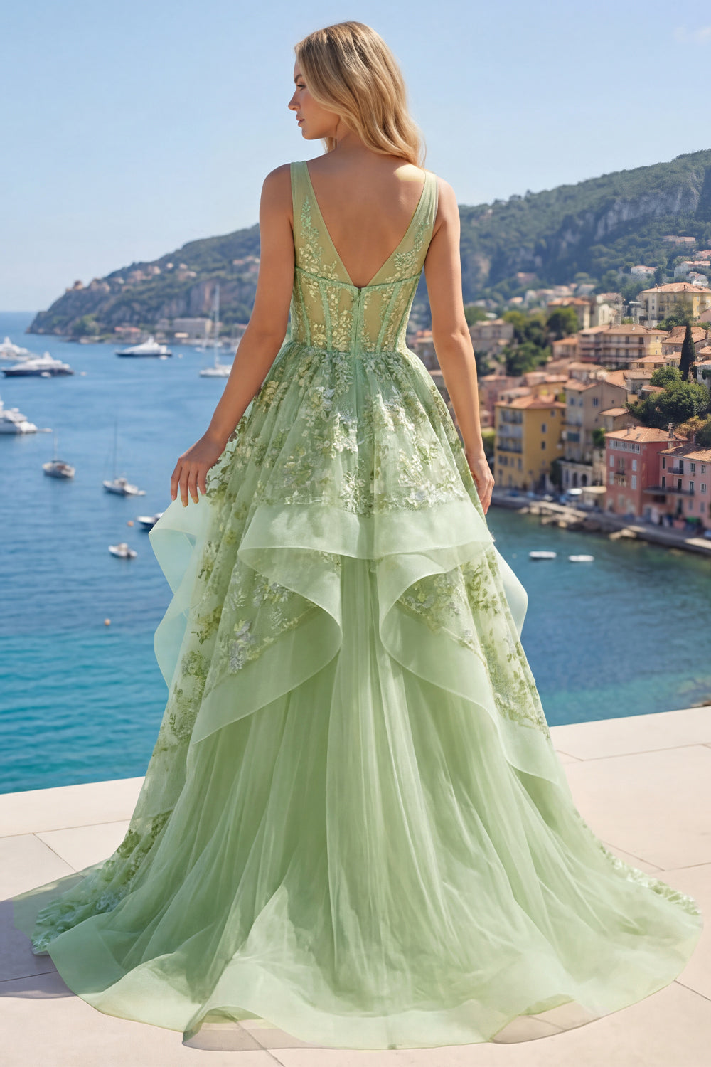 A Line Floral V-Neck Green Long Corset Prom Dress with Ruffles
