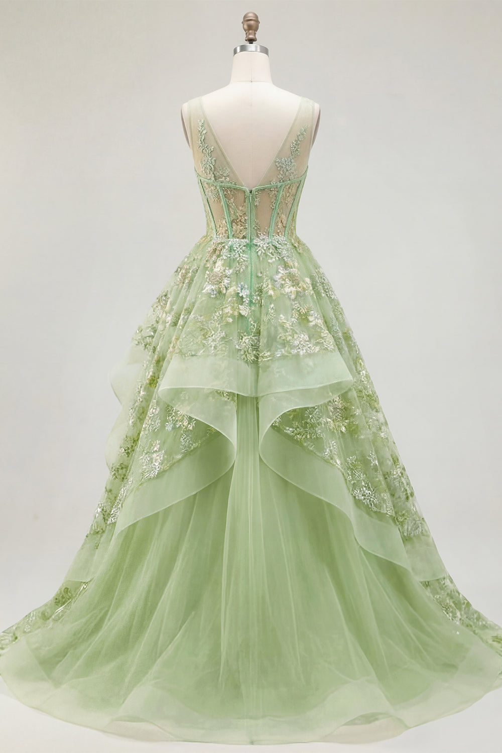 A Line Floral V-Neck Green Long Corset Prom Dress with Ruffles