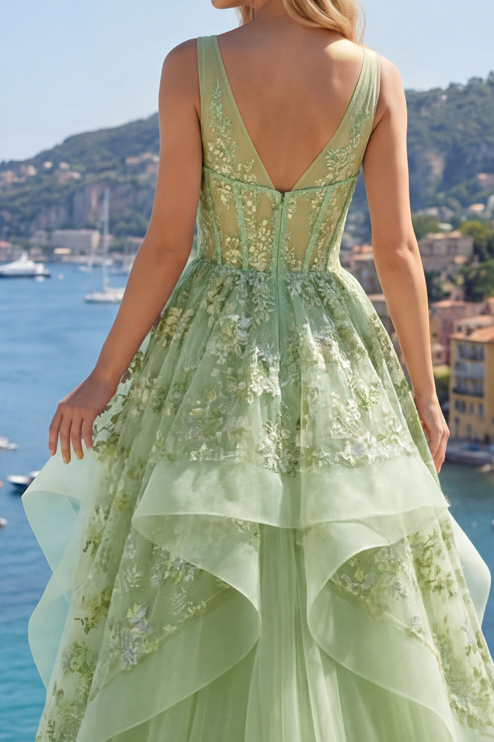 A Line Floral V-Neck Green Long Corset Prom Dress with Ruffles