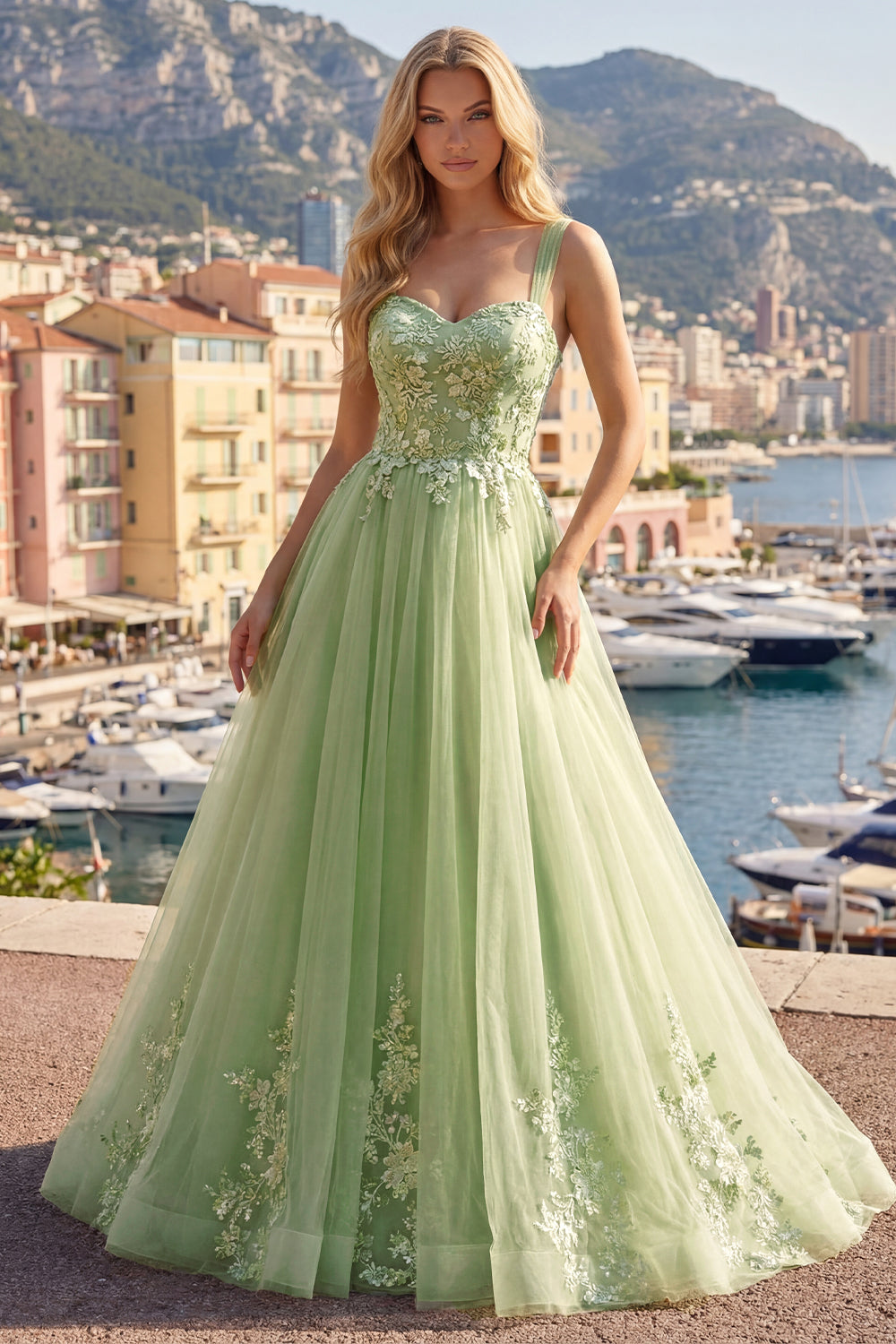 Long A Line Floral Thick Straps Green Prom Dress