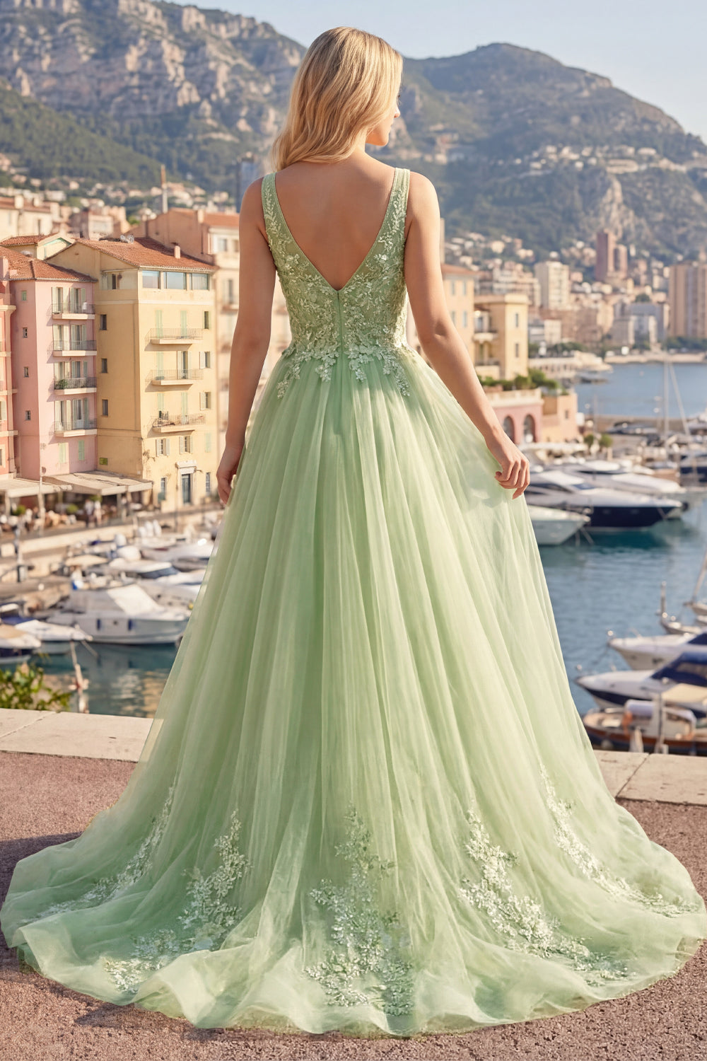 Long A Line Floral Thick Straps Green Prom Dress
