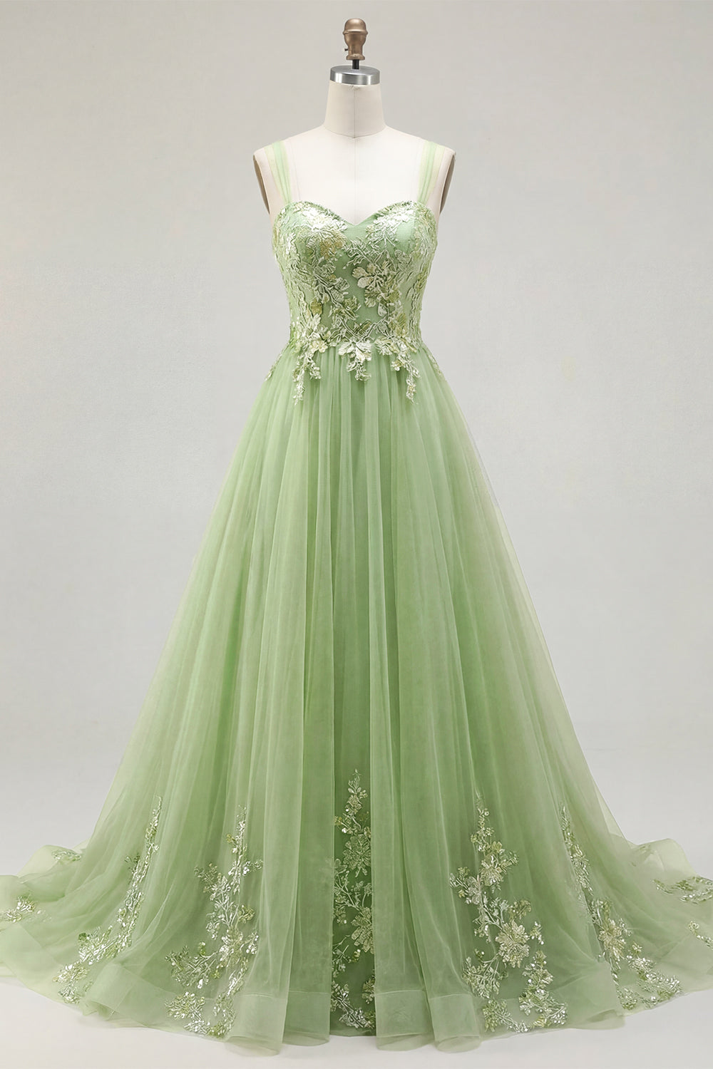 Long A Line Floral Thick Straps Green Prom Dress