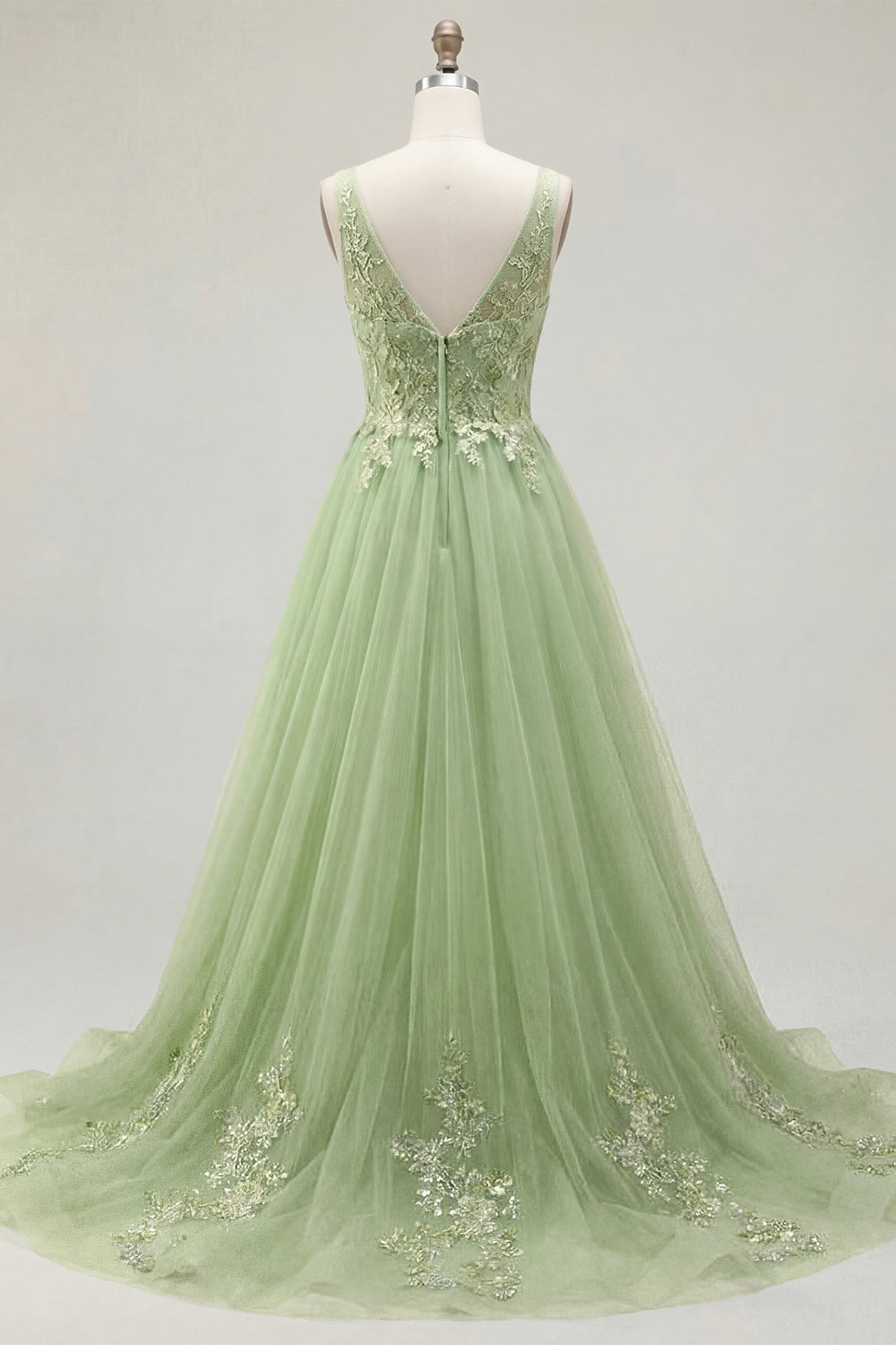 Long A Line Floral Thick Straps Green Prom Dress