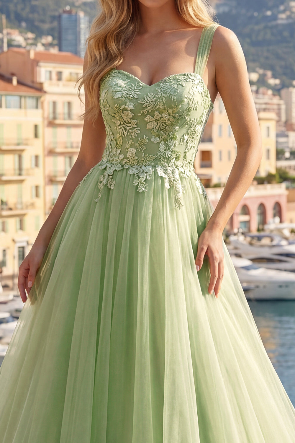 Long A Line Floral Thick Straps Green Prom Dress
