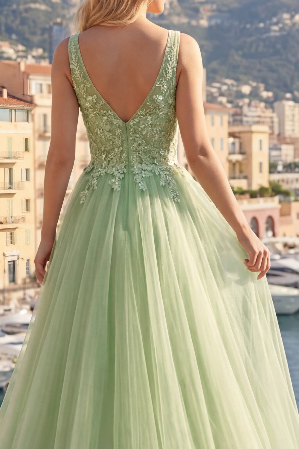 Long A Line Floral Thick Straps Green Prom Dress