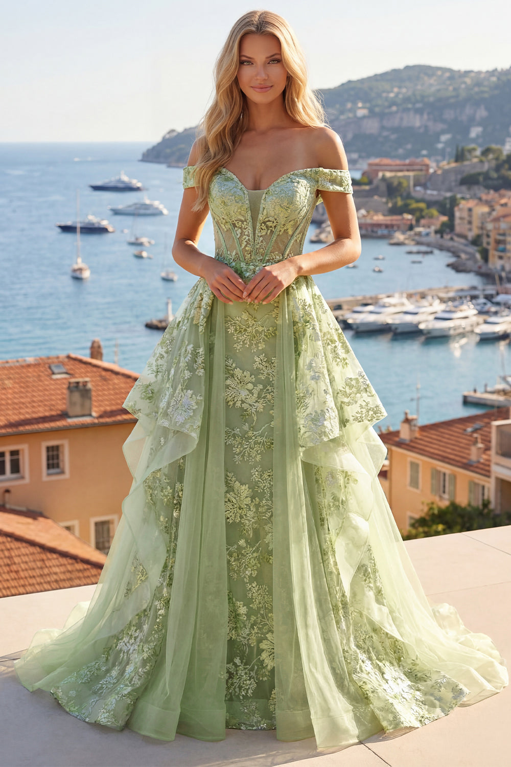 Green Long Corset A Line Floral Ruffled Prom Dress with Cape