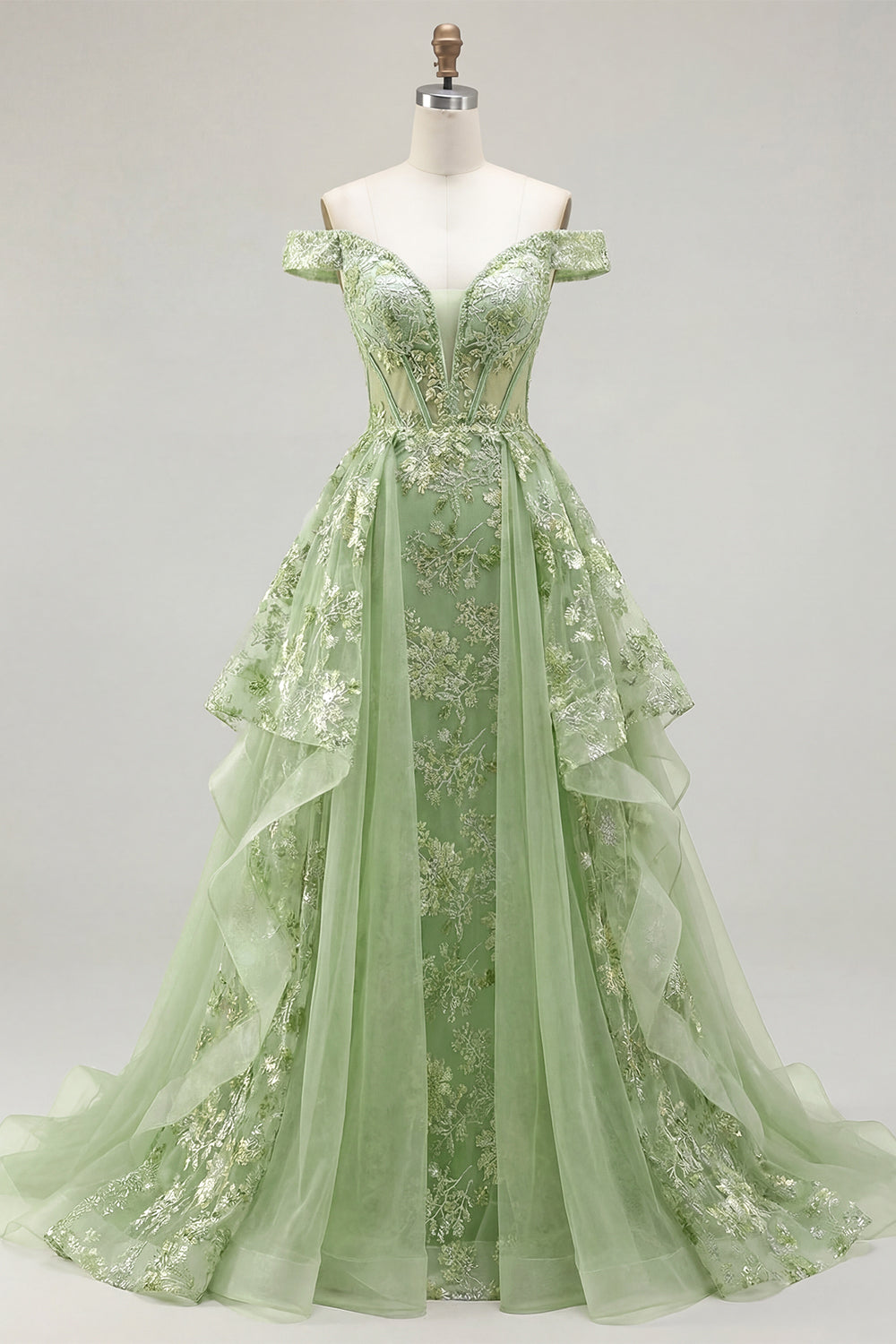 Green Long Corset A Line Floral Ruffled Prom Dress with Cape