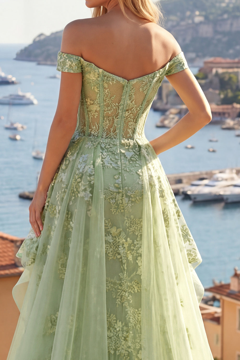 Green Long Corset A Line Floral Ruffled Prom Dress with Cape