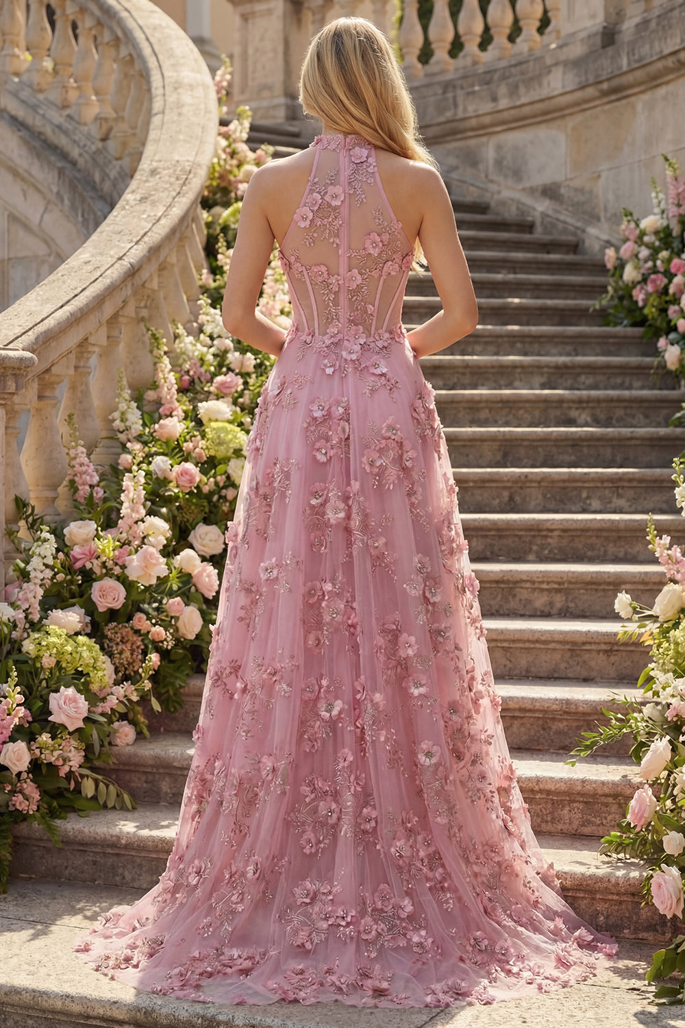 A Line High Neck Sparkly Taro Corset Keyhole Floral Beaded Prom Dress