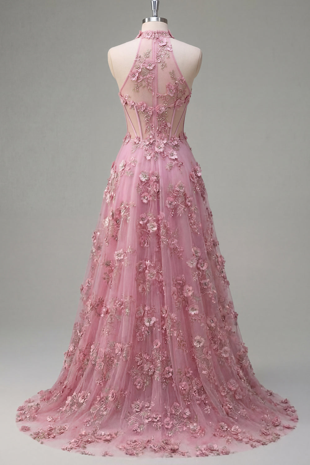 A Line High Neck Sparkly Taro Corset Keyhole Floral Beaded Prom Dress