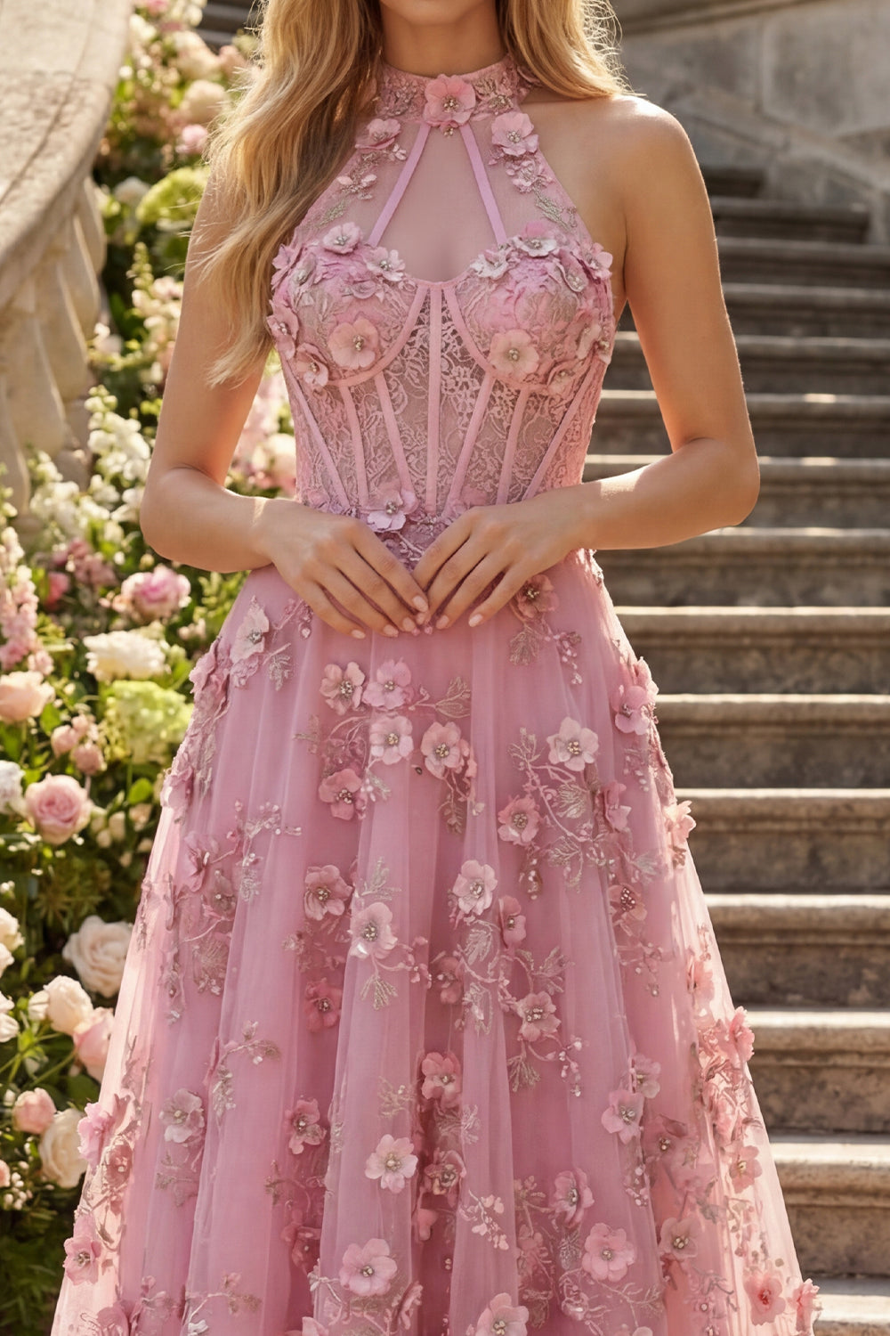A Line High Neck Sparkly Taro Corset Keyhole Floral Beaded Prom Dress