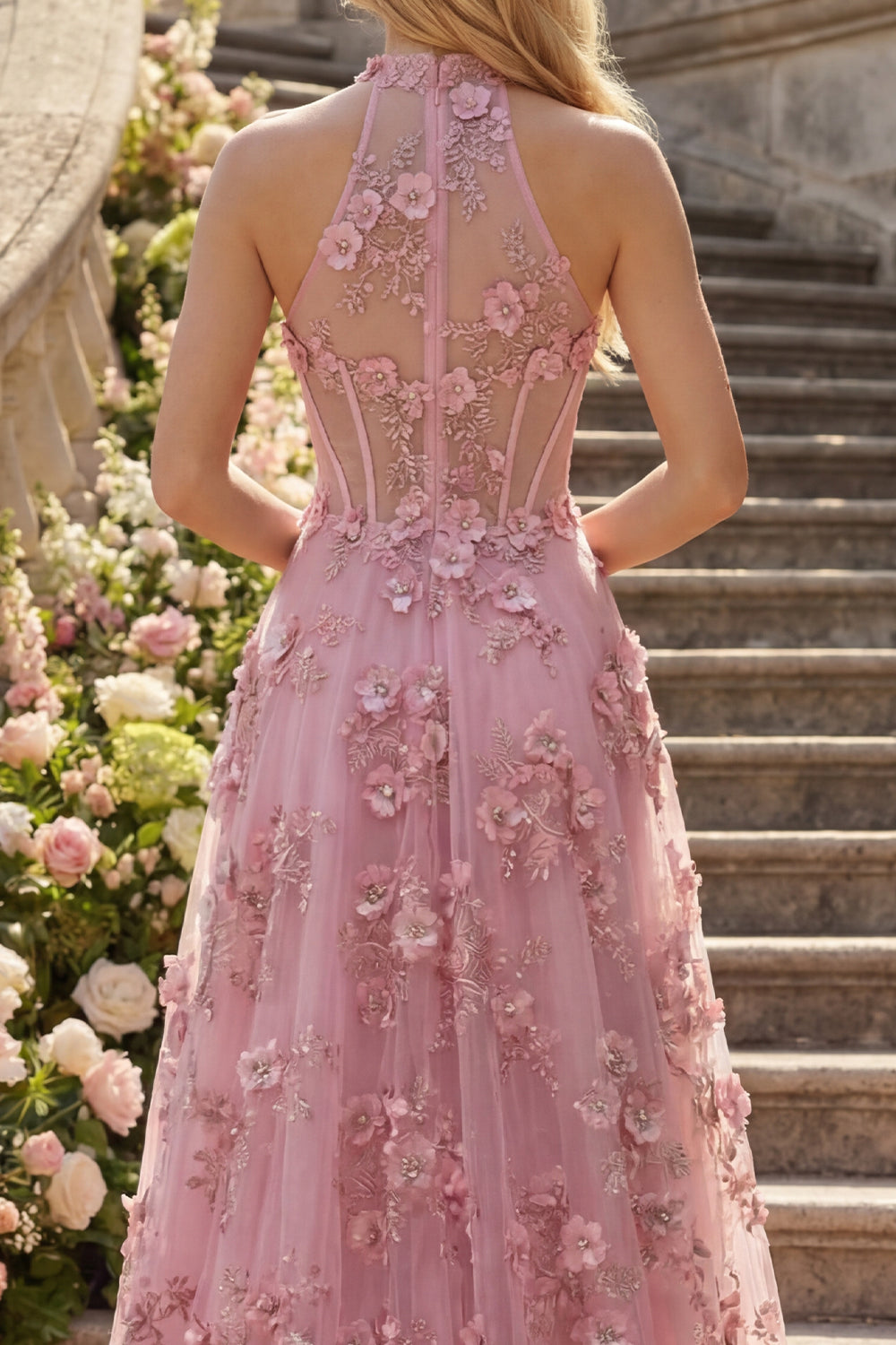 A Line High Neck Sparkly Taro Corset Keyhole Floral Beaded Prom Dress