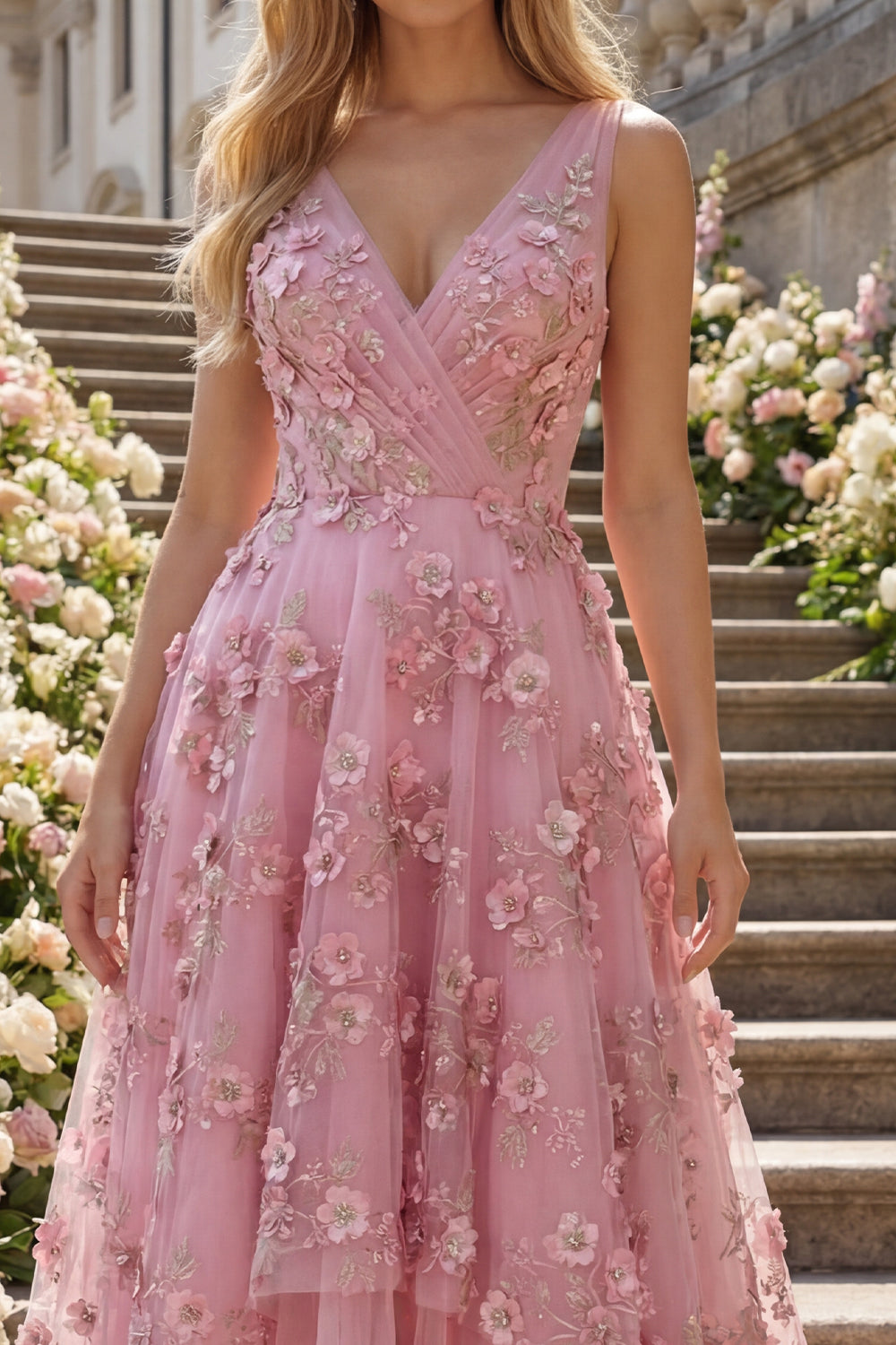 High Low V-Neck Ruched Sparkly Taro A Line Floral Beaded Prom Dress