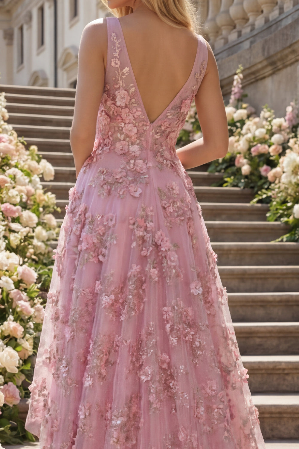 High Low V-Neck Ruched Sparkly Taro A Line Floral Beaded Prom Dress