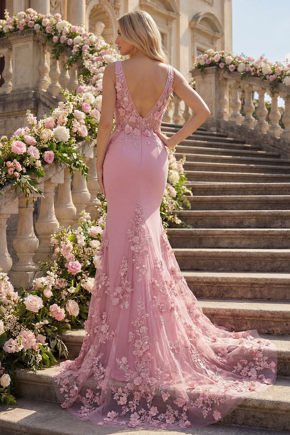 V-Neck Long Floral Beaded Ruched Sparkly Taro Mermaid Prom Dress