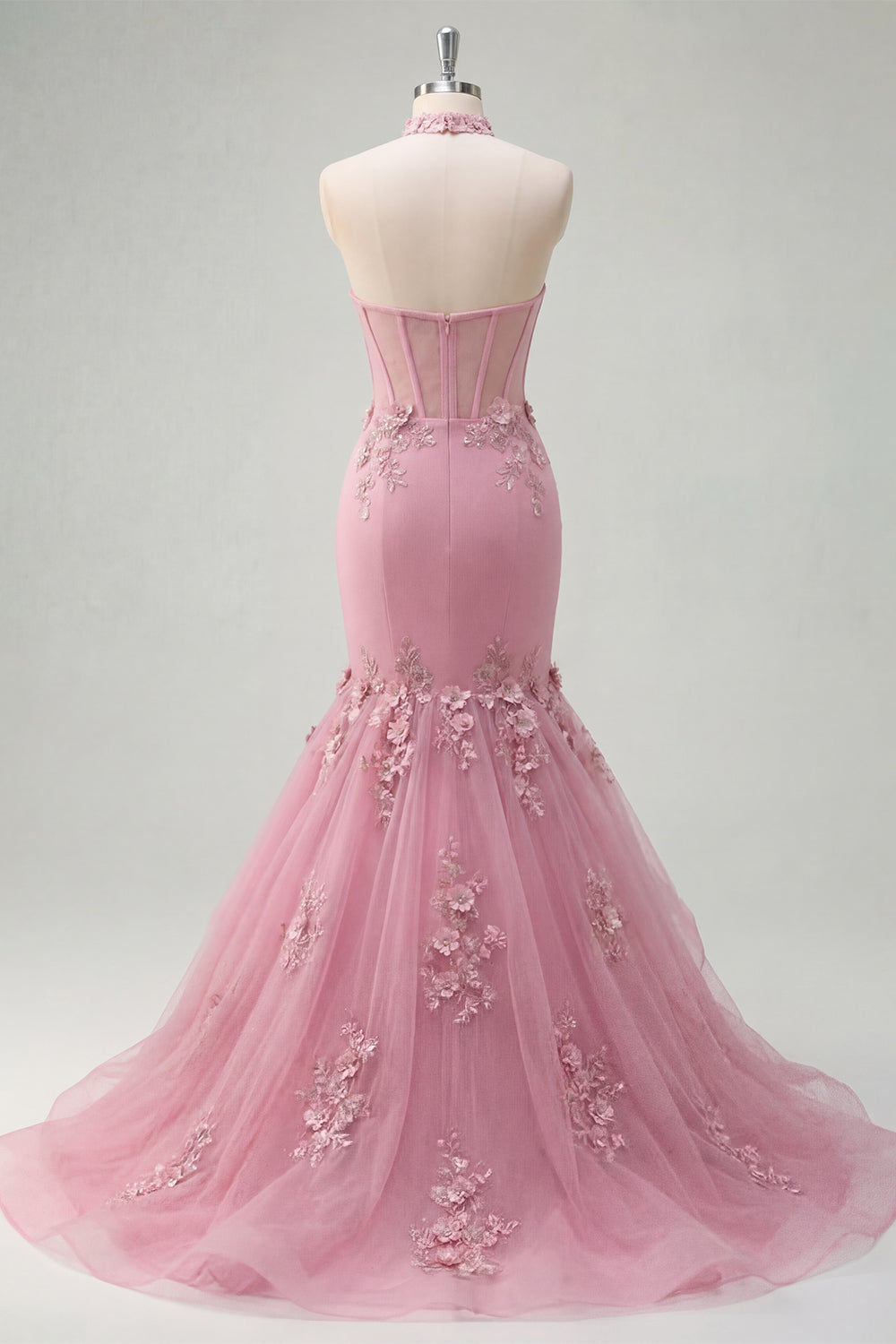 Taro Floral Mermaid Corset Keyhole Sparkly Beaded Prom Dress with Ruffles