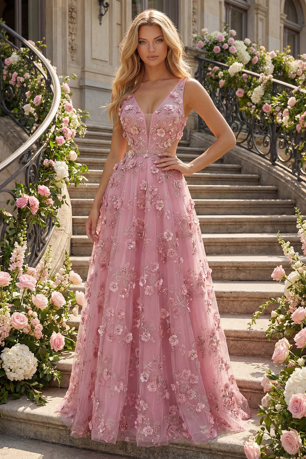 Beaded V-Neck Sparkly Taro A Line Floral Prom Dress