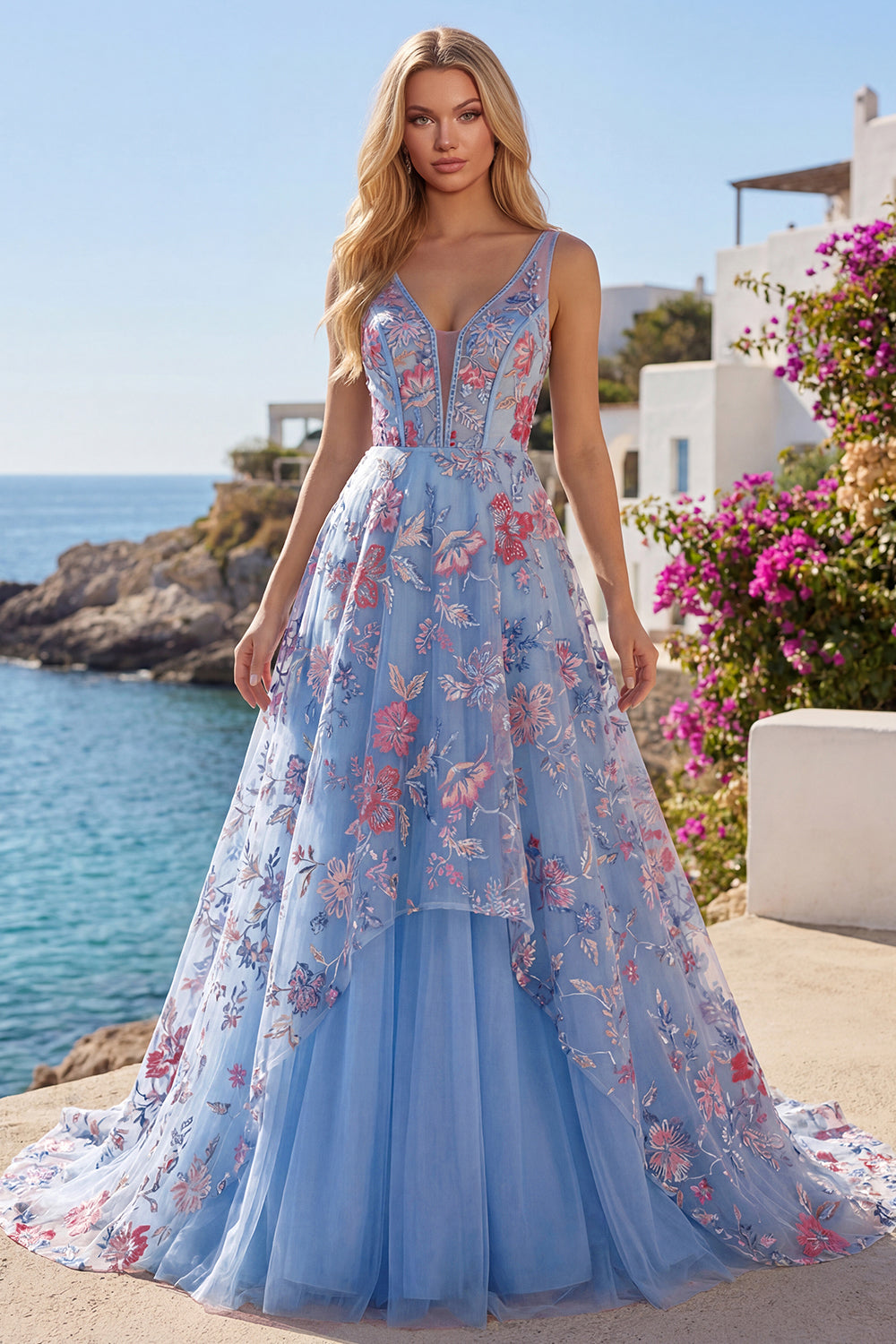 A Line Floral Corset V-Neck Blue Long Prom Dress