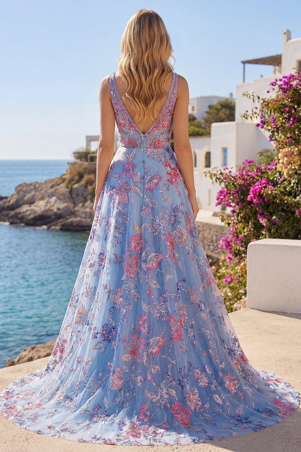 A Line Floral Corset V-Neck Blue Long Prom Dress