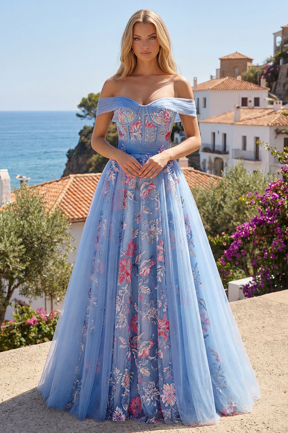 Off the Shoulder A Line Floral Corset Blue Long Prom Dress